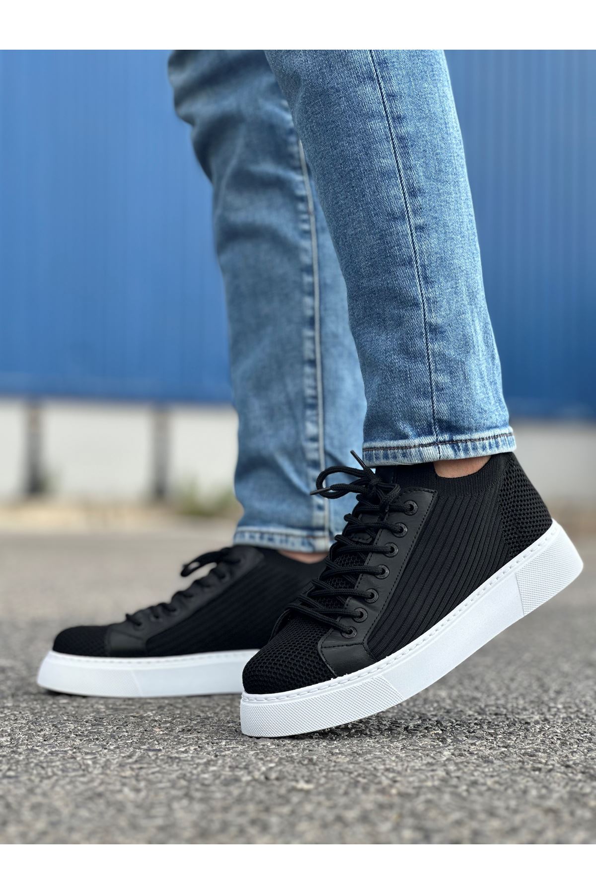 Bağcık Detaylı Triko Kumaş Erkek Spor Ayakkabı Siyah - Görsel 2
