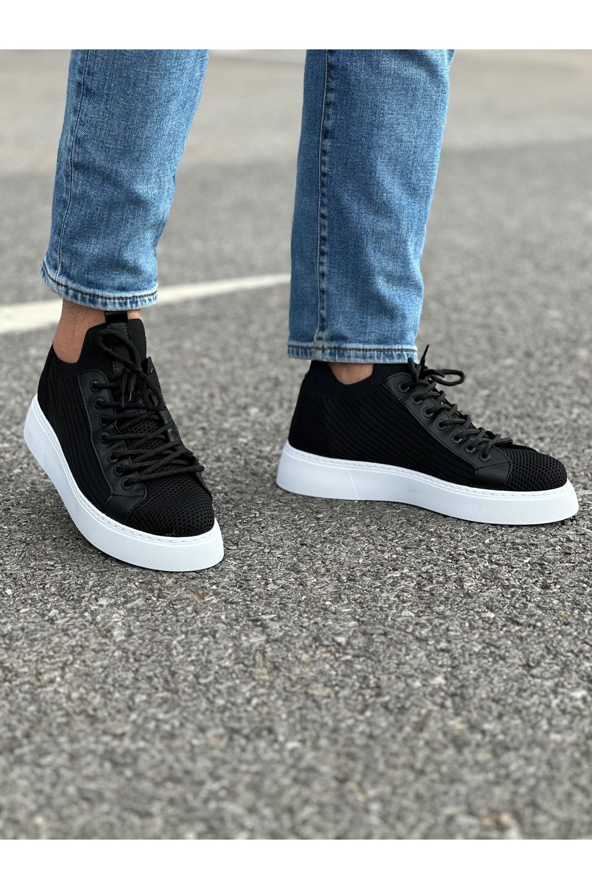 Bağcık Detaylı Triko Kumaş Erkek Spor Ayakkabı Siyah - Görsel 3