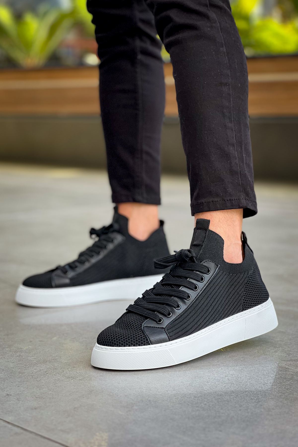 Bağcık Detaylı Triko Kumaş Erkek Spor Ayakkabı Siyah - Görsel 5