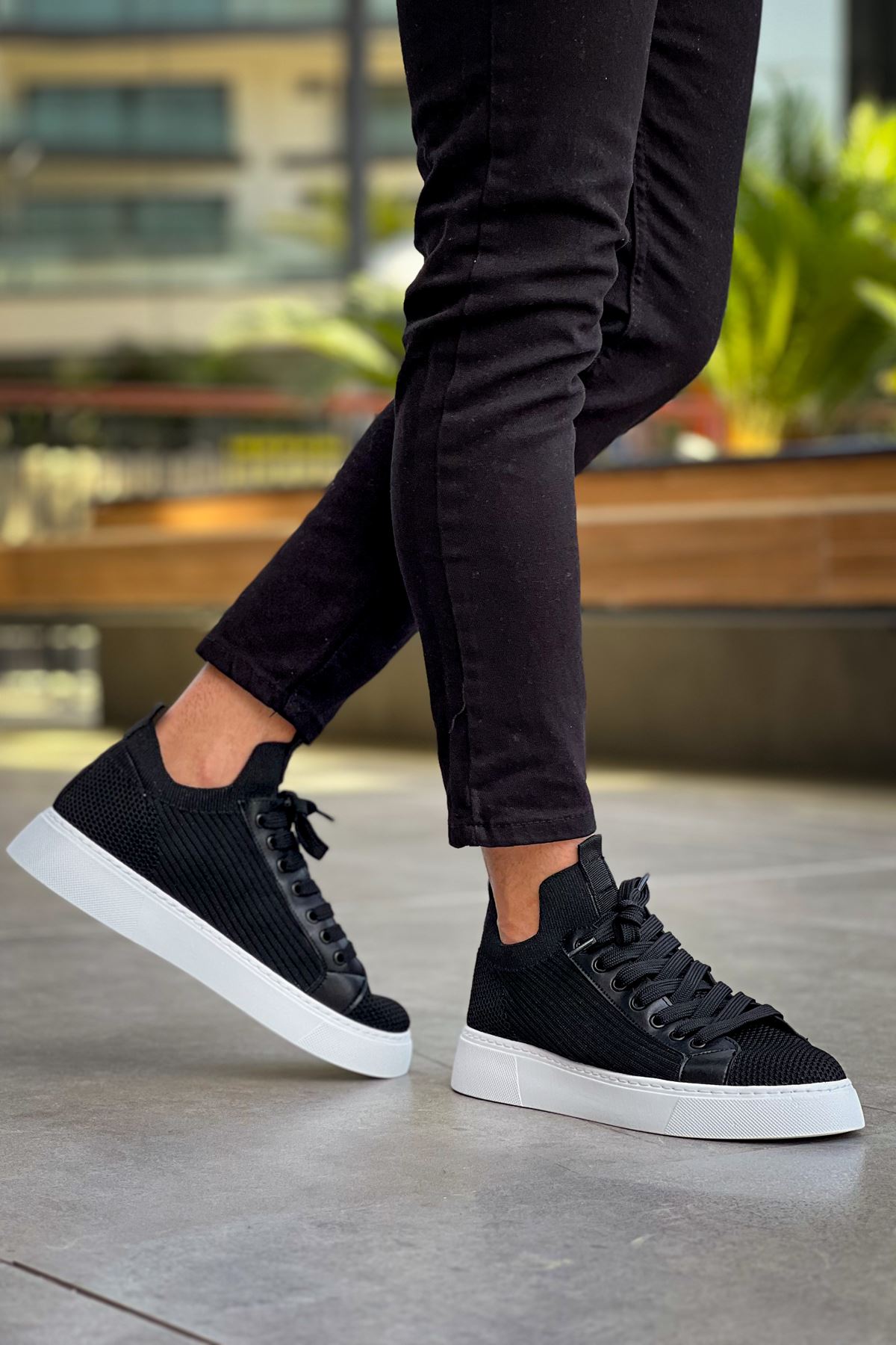 Bağcık Detaylı Triko Kumaş Erkek Spor Ayakkabı Siyah - Görsel 8