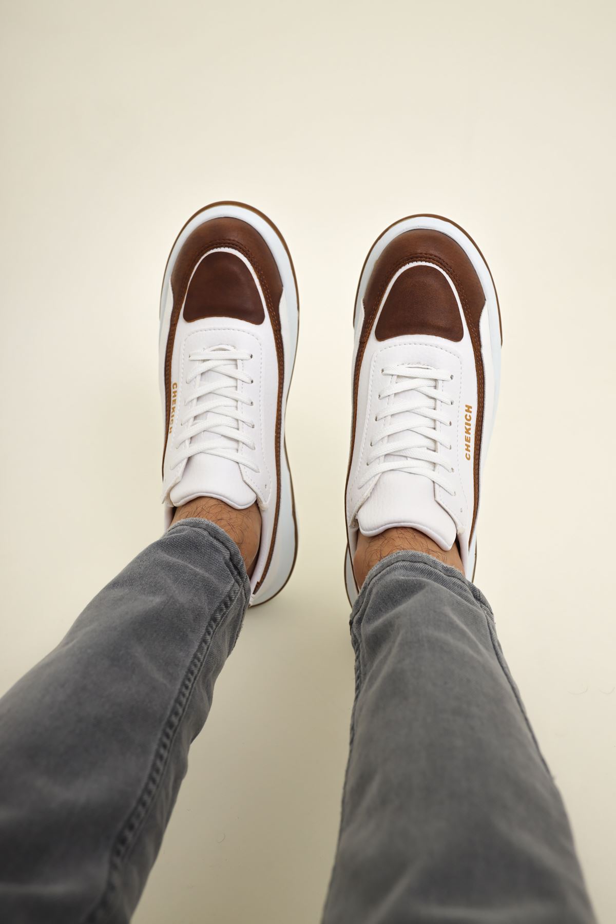 Bağcıklı Erkek Spor Ayakkabı Beyaz Taba - Görsel 4