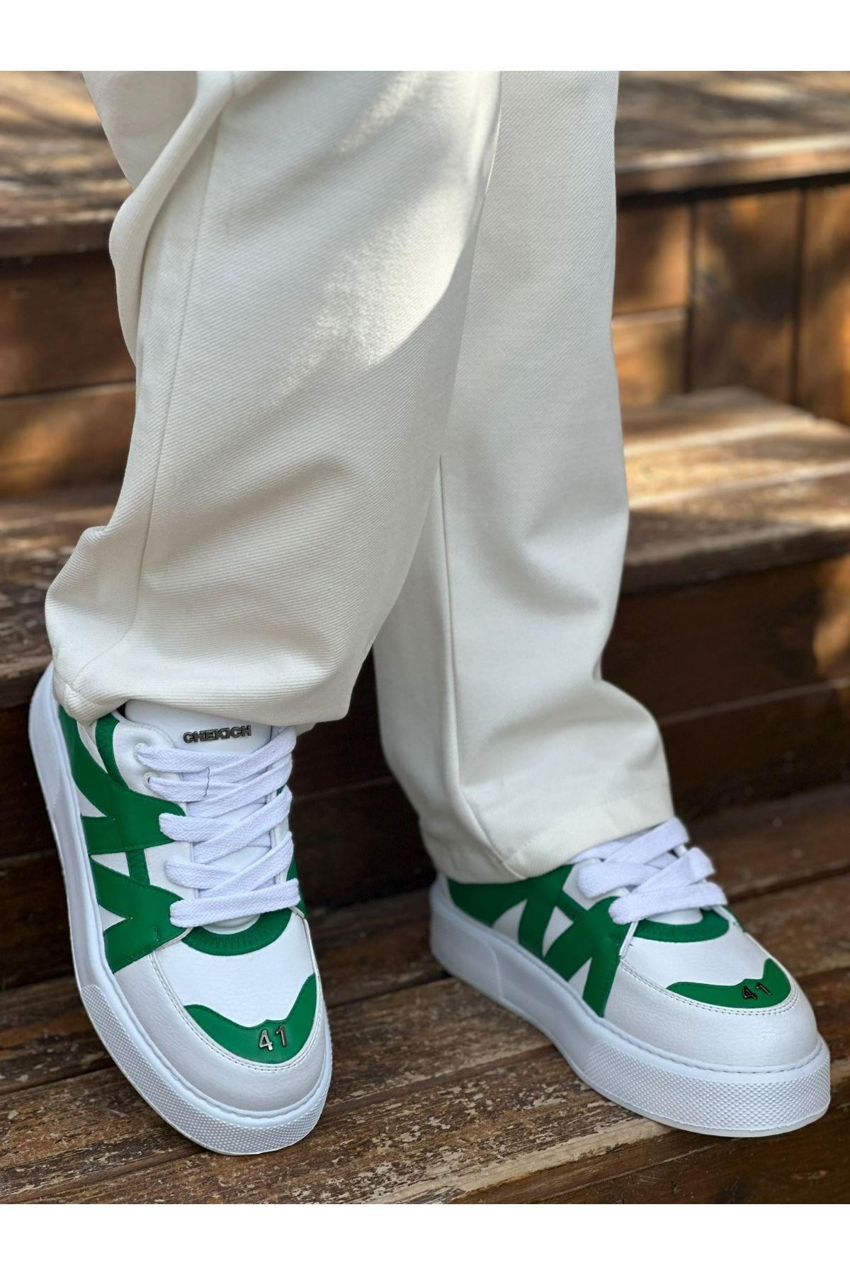 Bağcıklı Erkek Spor Ayakkabı Beyaz Bej - Görsel 4