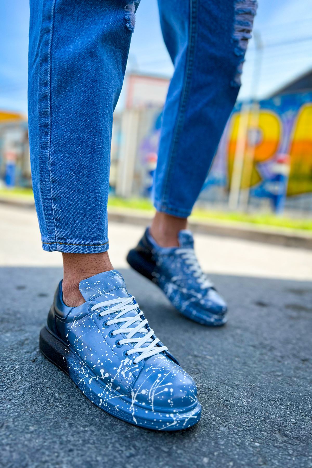 Bağcıklı Baskılı Erkek Spor Ayakkabı Mavi Siyah Splush - Görsel 3