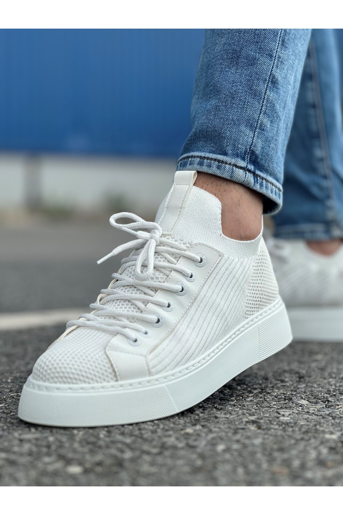 Bağcık Detaylı Triko Kumaş Erkek Spor Ayakkabı Beyaz - Görsel 2