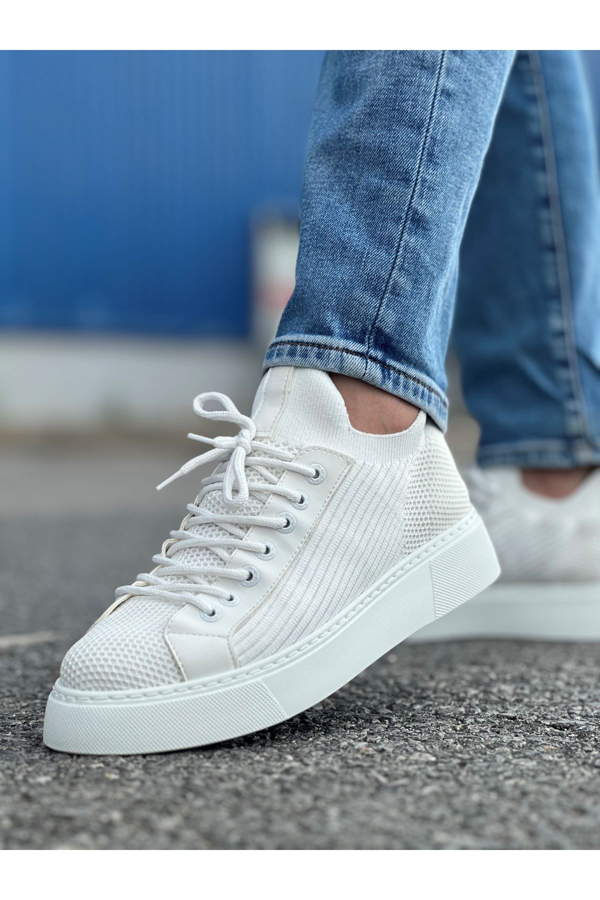 Bağcık Detaylı Triko Kumaş Erkek Spor Ayakkabı Beyaz - Görsel 4