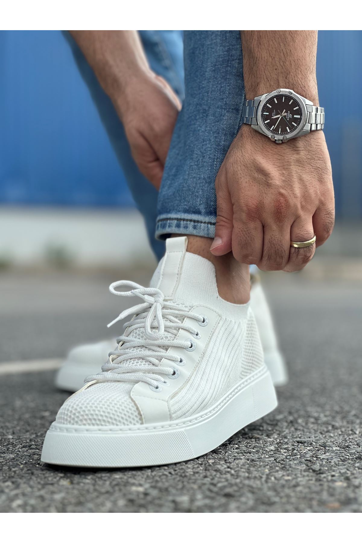 Bağcık Detaylı Triko Kumaş Erkek Spor Ayakkabı Beyaz - Görsel 5