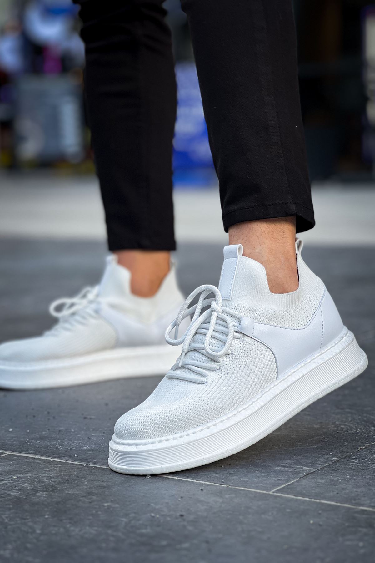 Bağcık Detaylı Triko Kumaş Erkek Spor Ayakkabı Beyaz - Görsel 2