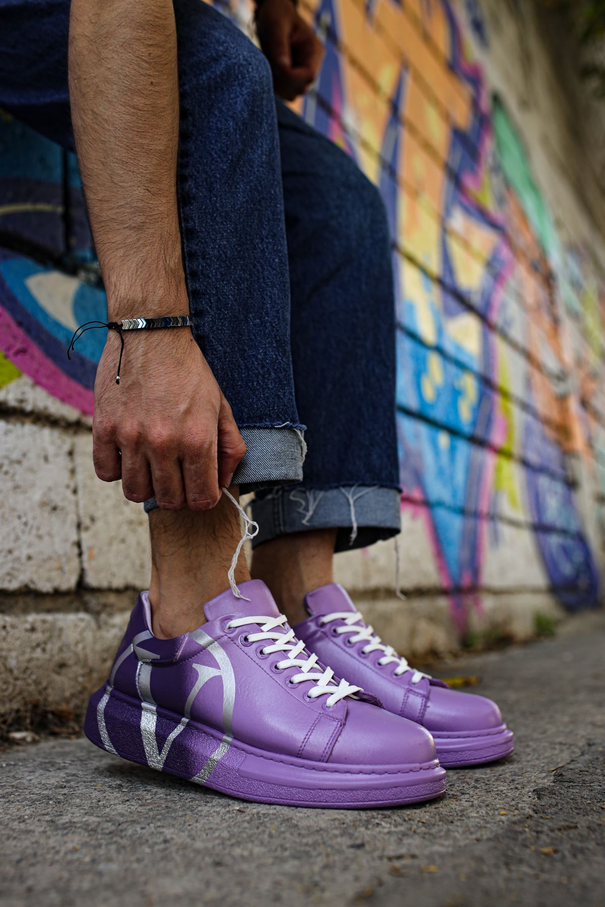 Bağcıklı Baskılı Erkek Spor Ayakkabı Mor Koyu Mor V - Görsel 2