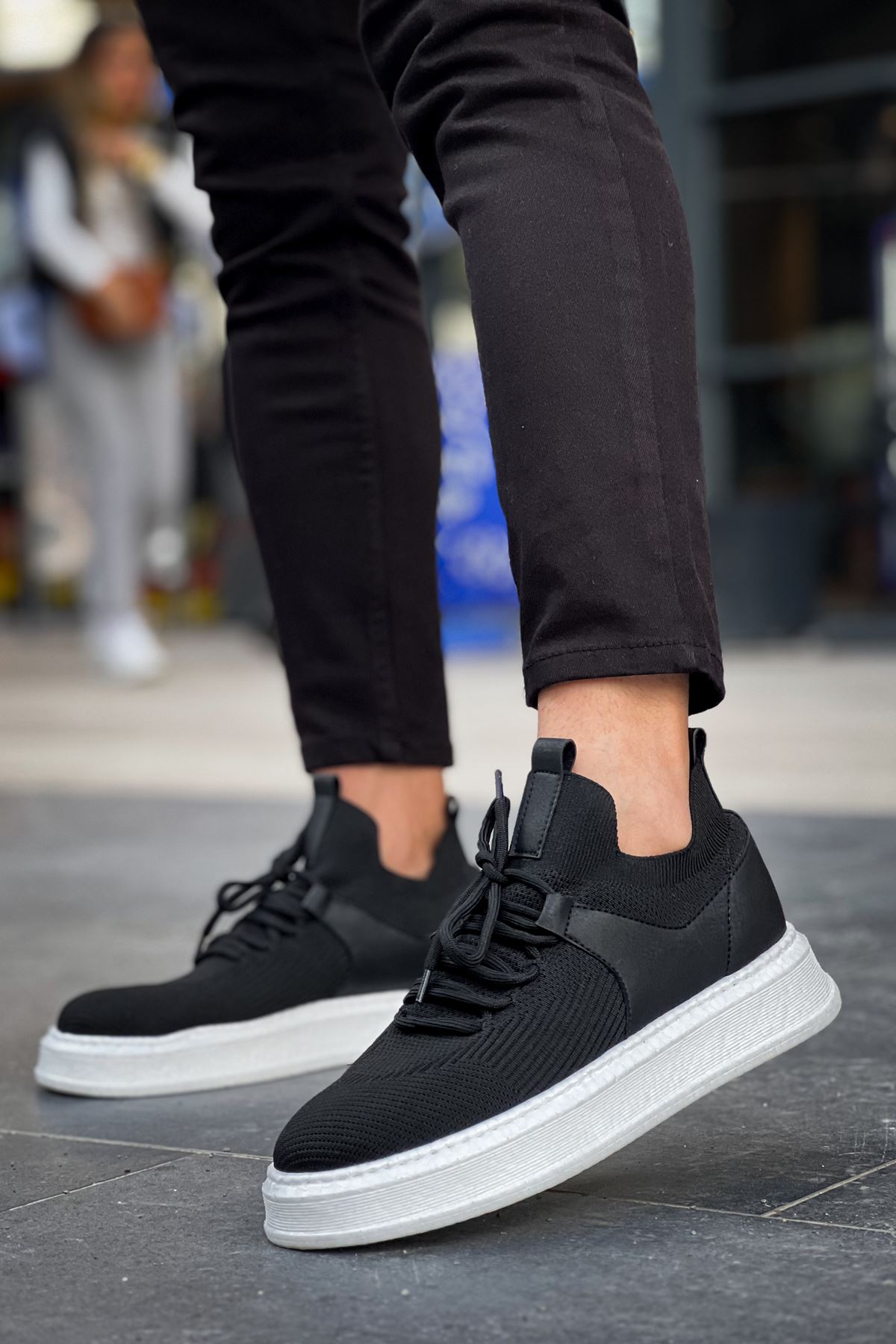 Bağcık Detaylı Triko Kumaş Erkek Spor Ayakkabı Siyah - Görsel 2