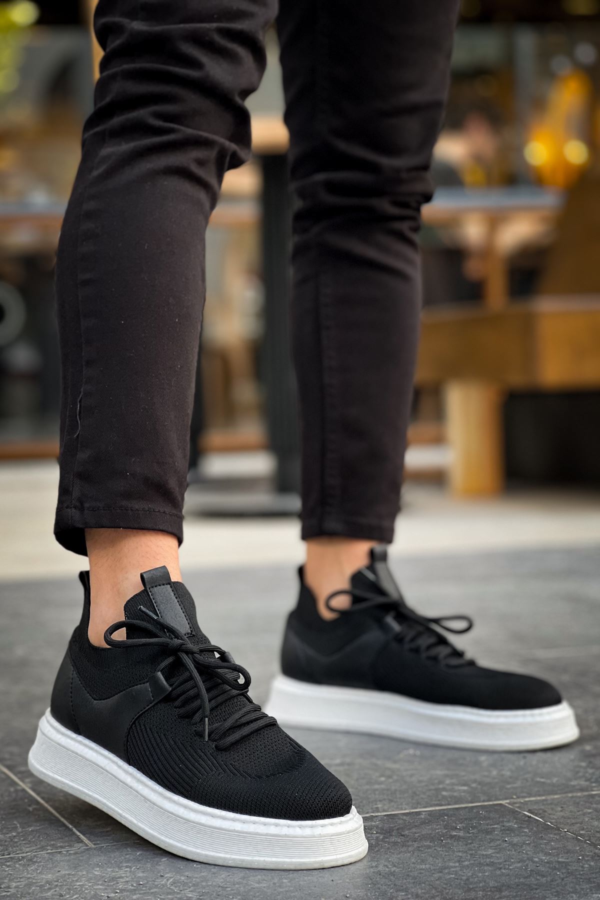 Bağcık Detaylı Triko Kumaş Erkek Spor Ayakkabı Siyah - Görsel 3
