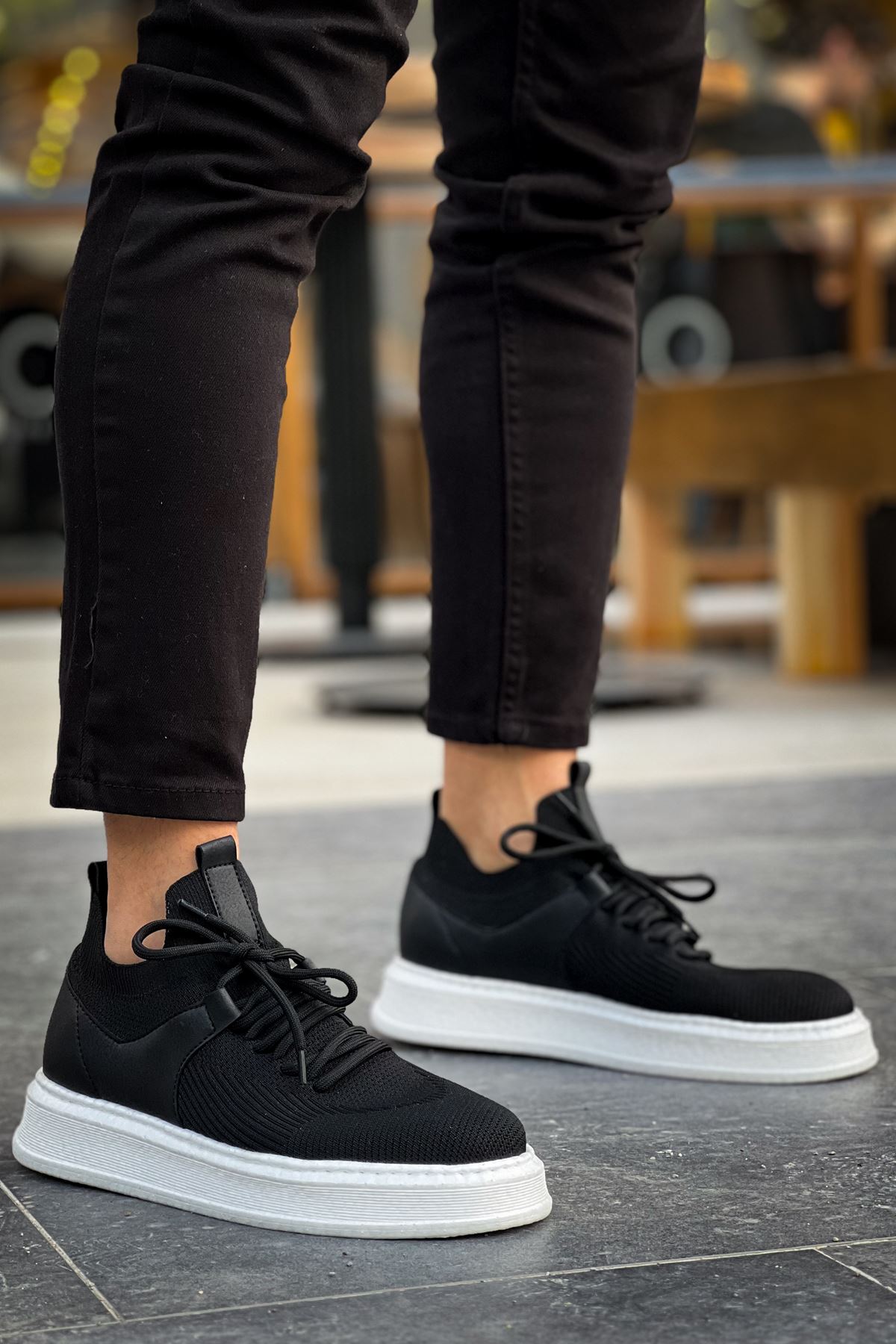 Bağcık Detaylı Triko Kumaş Erkek Spor Ayakkabı Siyah - Görsel 4