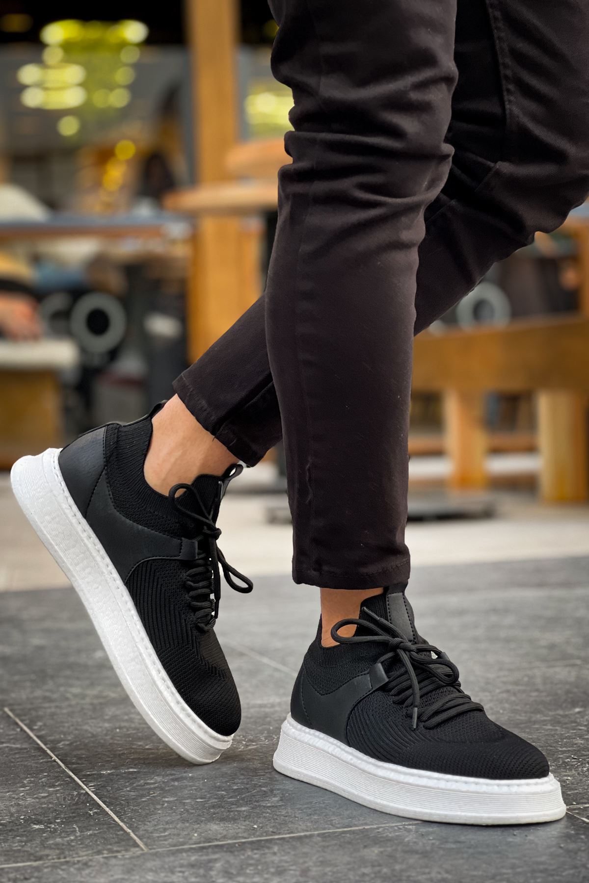 Bağcık Detaylı Triko Kumaş Erkek Spor Ayakkabı Siyah - Görsel 5