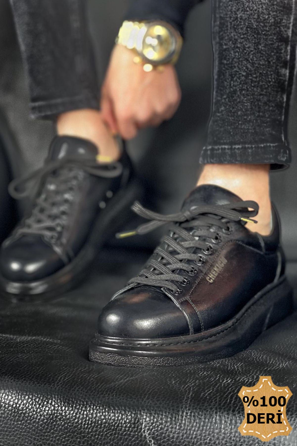 Bağcıklı Hakiki Deri Erkek Spor Ayakkabı Siyah - Görsel 3