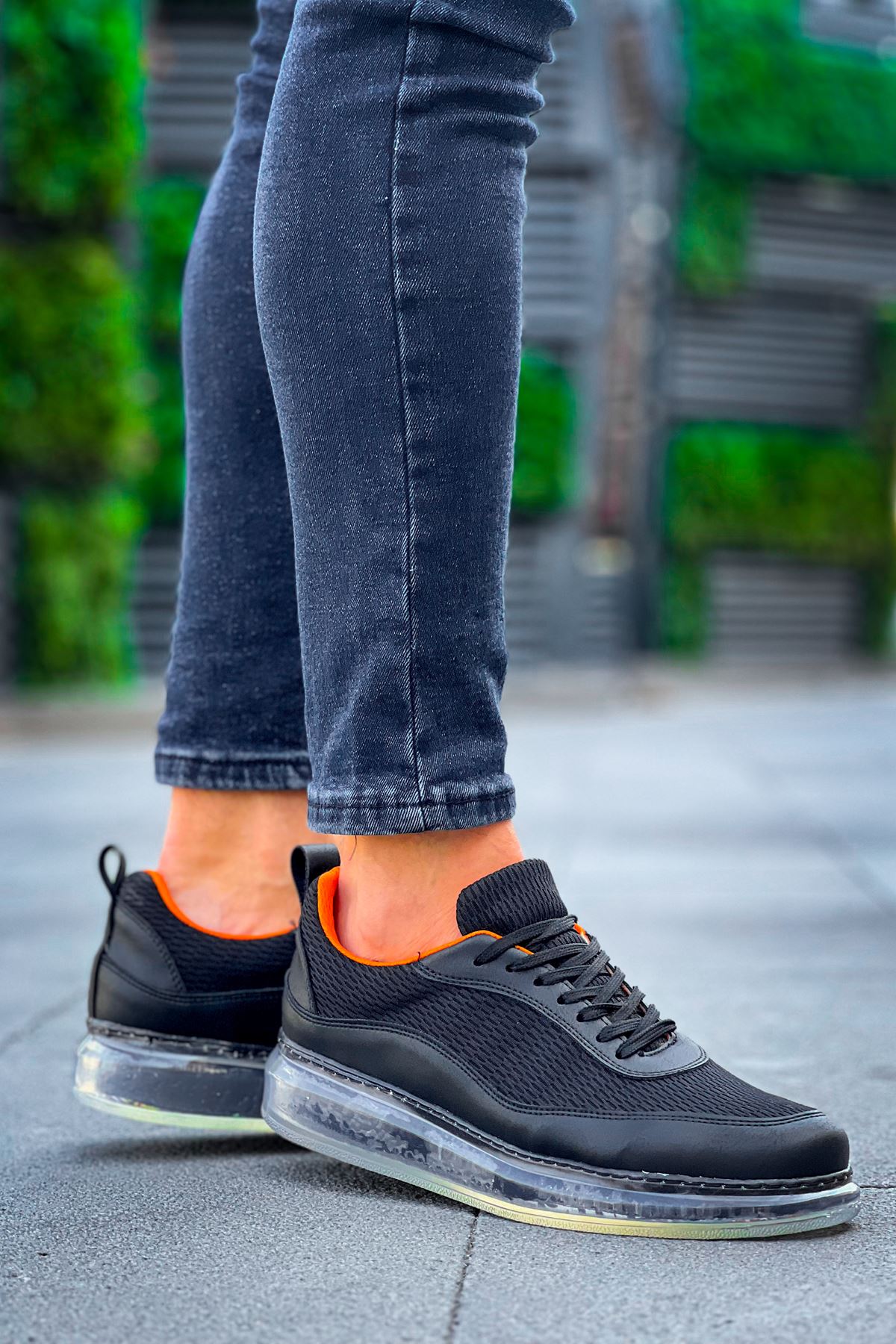 Bağcıklı Balon Taban Erkek Spor Ayakkabı Siyah Turuncu - Görsel 2