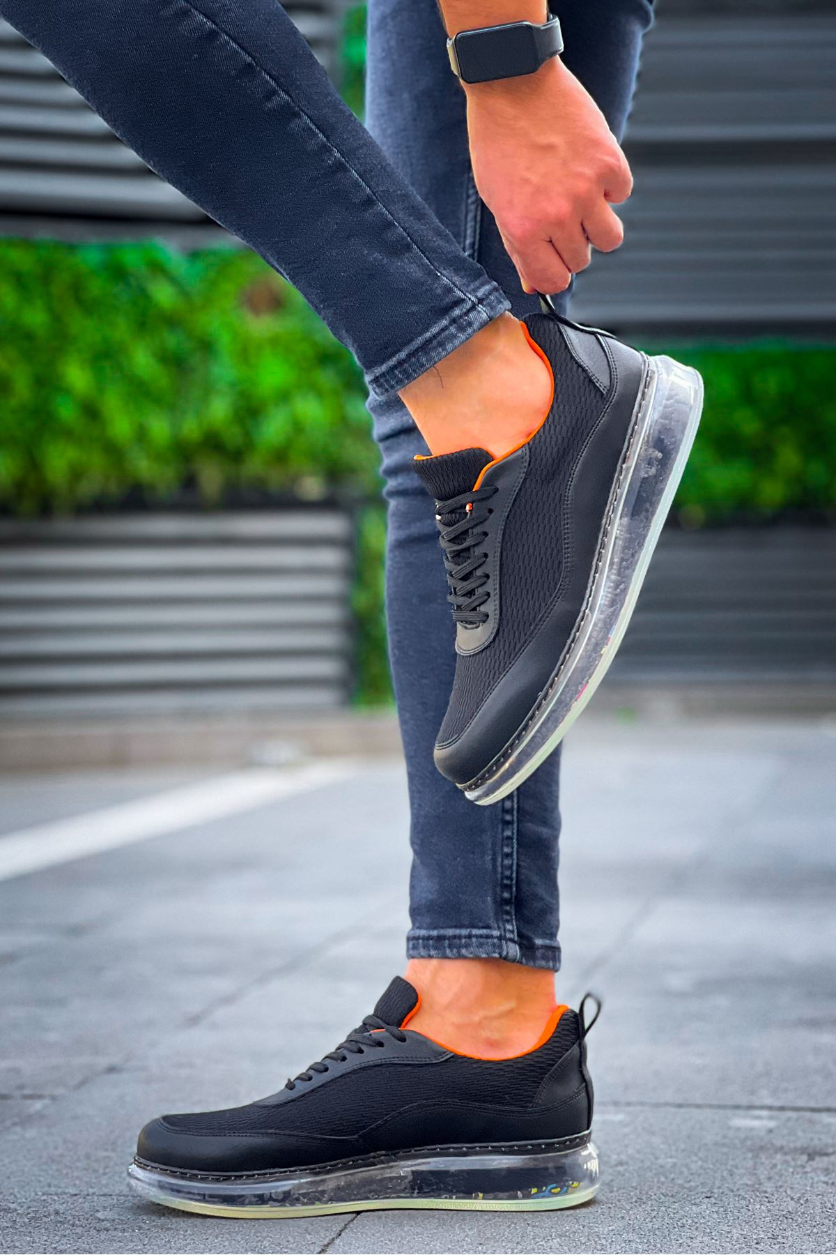 Bağcıklı Balon Taban Erkek Spor Ayakkabı Siyah Turuncu - Görsel 3