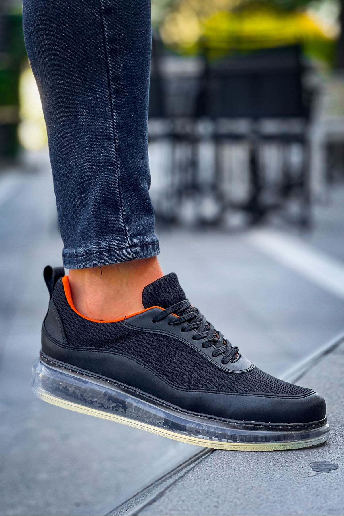Bağcıklı Balon Taban Erkek Spor Ayakkabı Siyah Turuncu - Görsel 4
