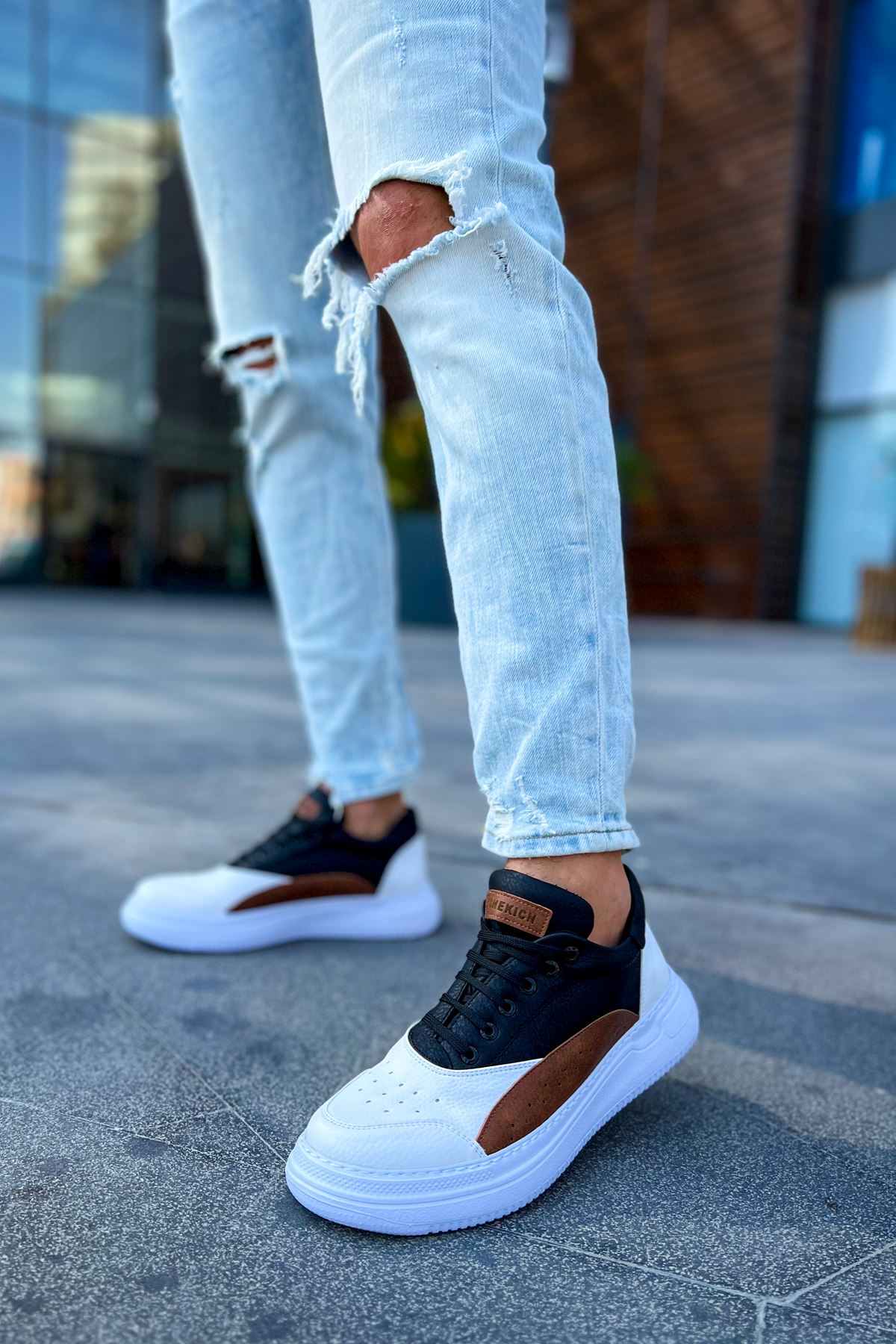 Bağcıklı Erkek Spor Ayakkabı Beyaz Taba Siyah - Görsel 2