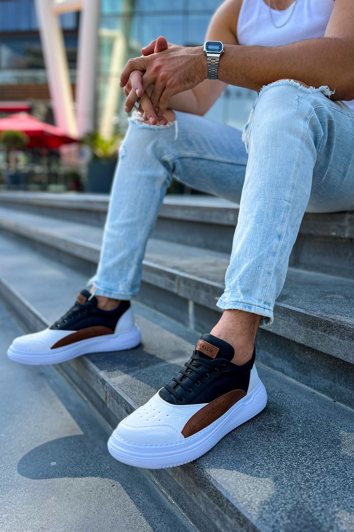 Bağcıklı Erkek Spor Ayakkabı Beyaz Taba Siyah - Görsel 3