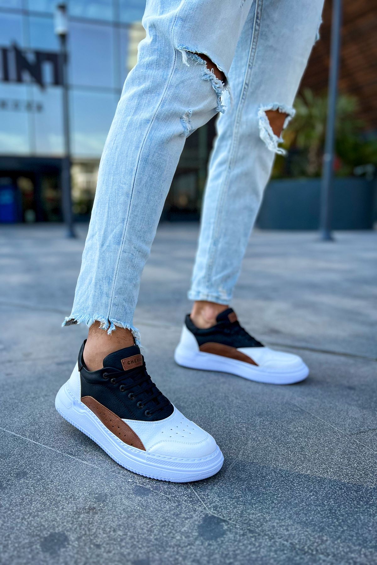 Bağcıklı Erkek Spor Ayakkabı Beyaz Taba Siyah - Görsel 4