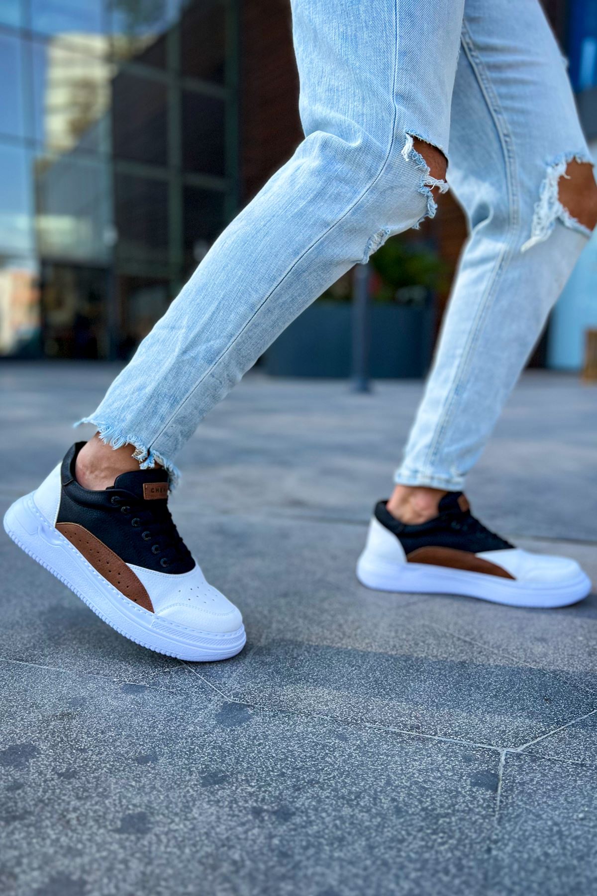 Bağcıklı Erkek Spor Ayakkabı Beyaz Taba Siyah - Görsel 5