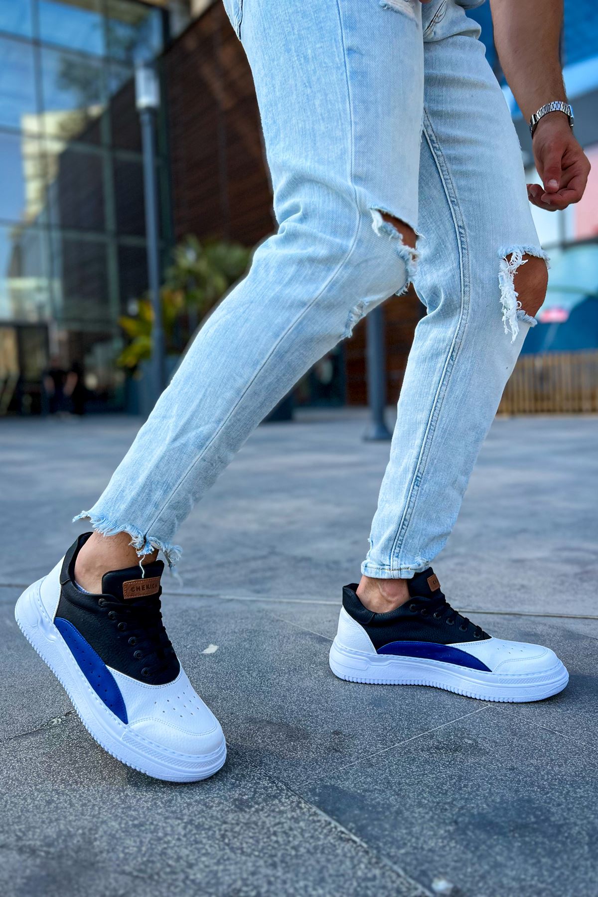 Bağcıklı Erkek Spor Ayakkabı Beyaz Siyah Saks - Görsel 5