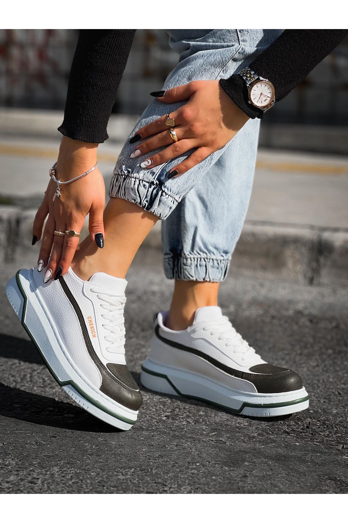 Bağcıklı Erkek Spor Ayakkabı Beyaz Haki - Görsel 2