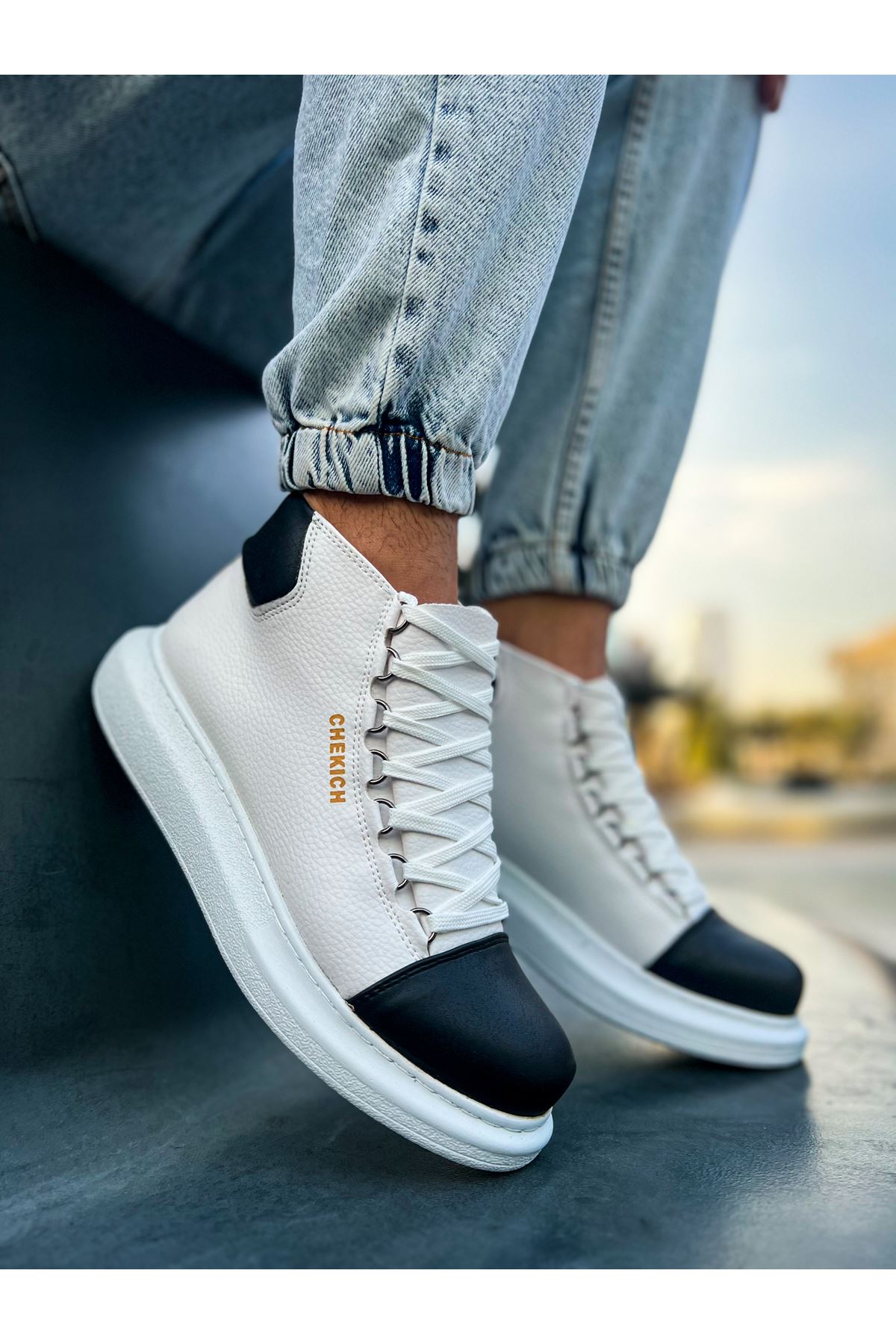 Bağcıklı Erkek Sneaker Bot Beyaz Siyah - Görsel 3