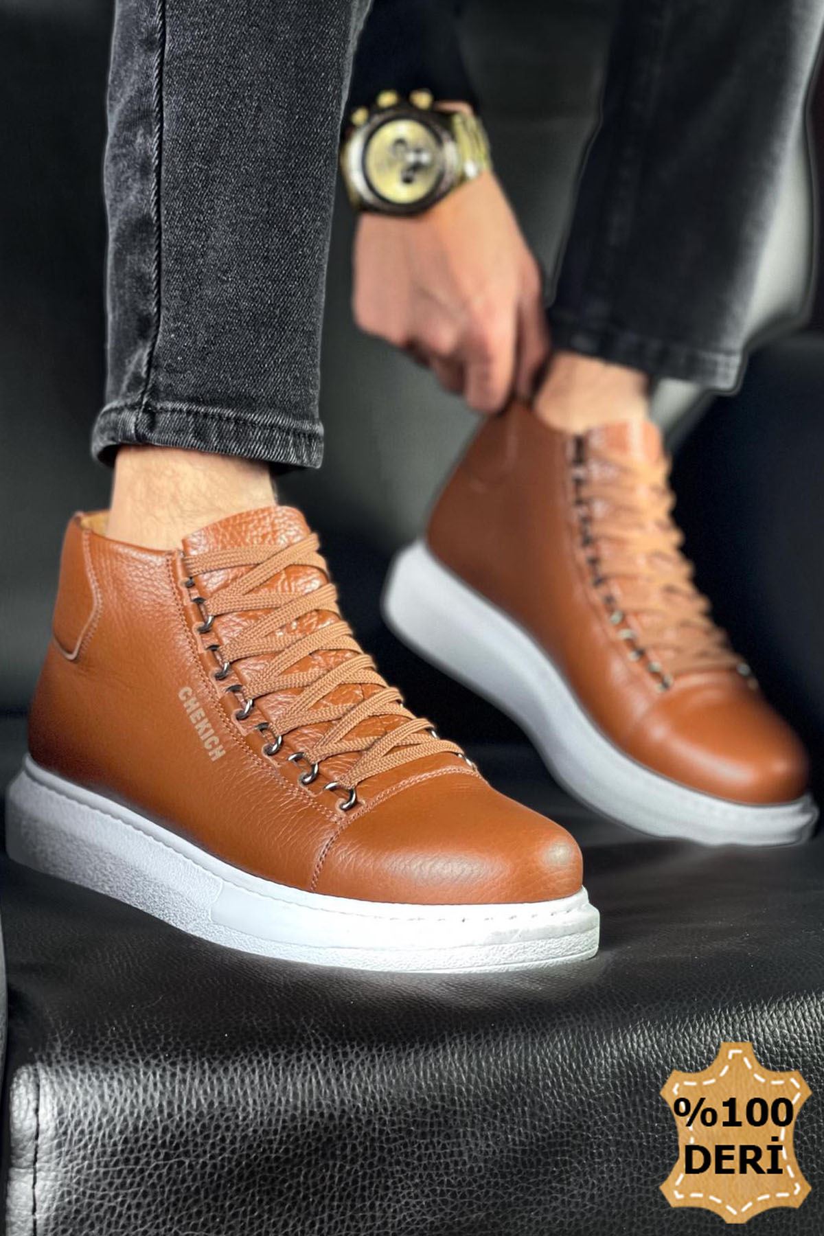 Bağcıklı Hakiki Deri Erkek Sneaker Bot Taba - Görsel 3