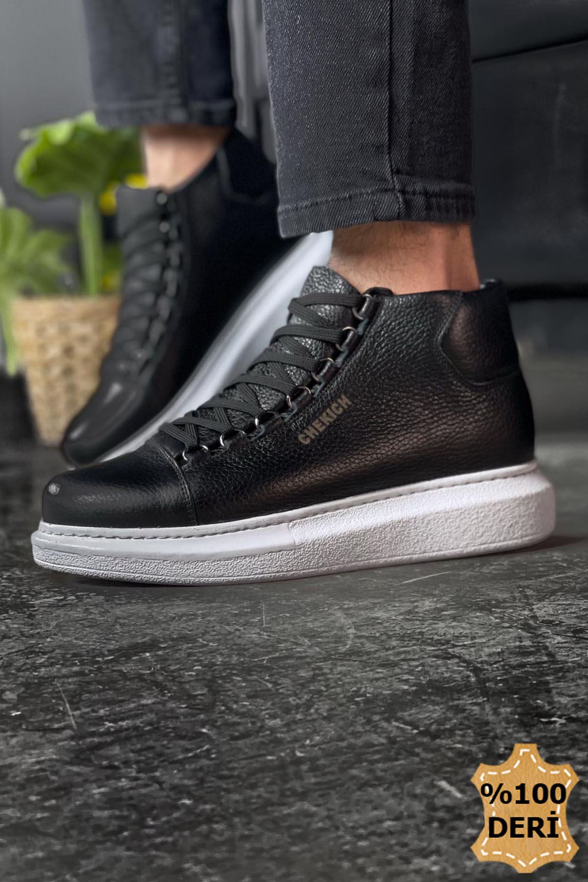 Bağcıklı Hakiki Deri Erkek Sneaker Bot Siyah - Görsel 2