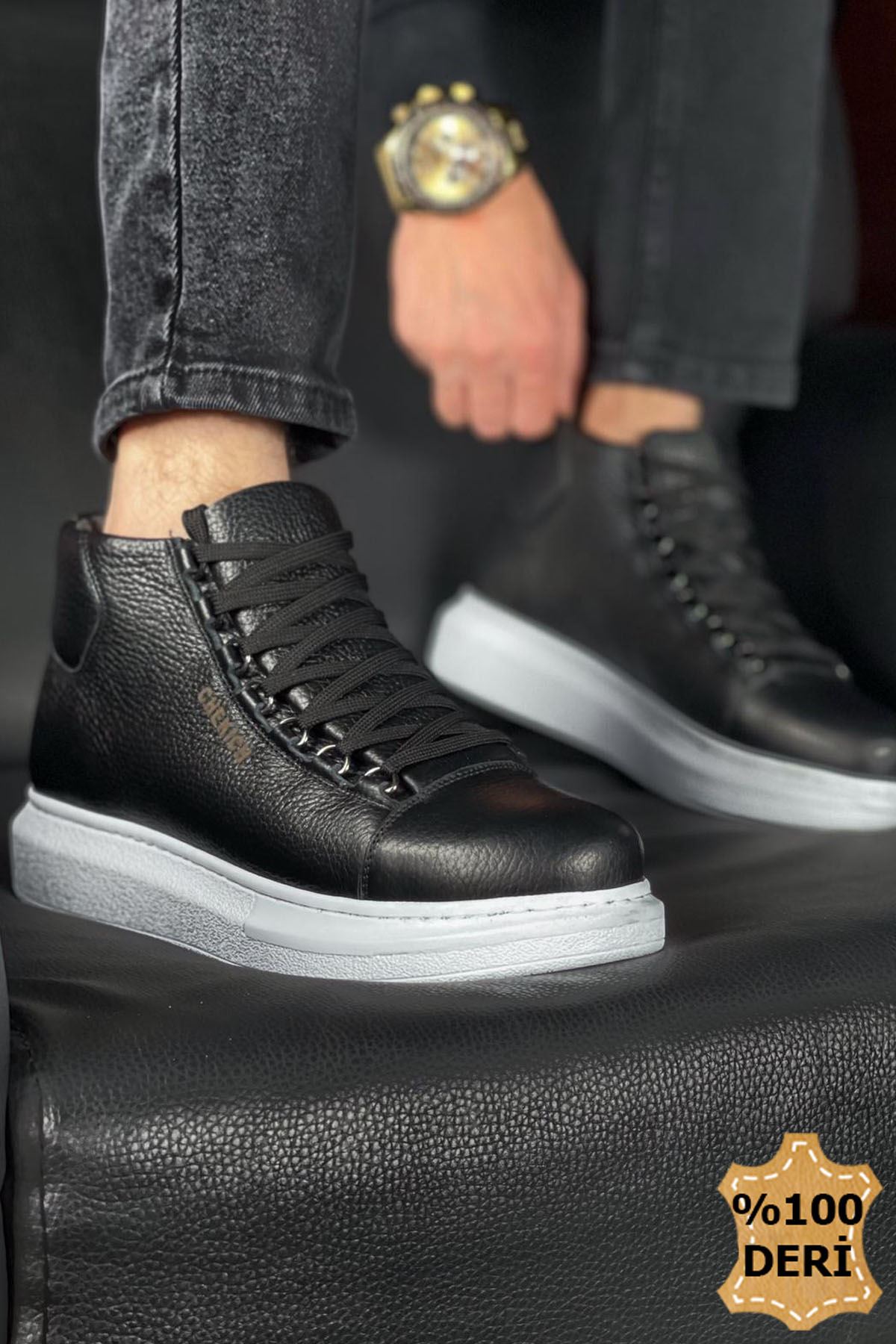 Bağcıklı Hakiki Deri Erkek Sneaker Bot Siyah - Görsel 3