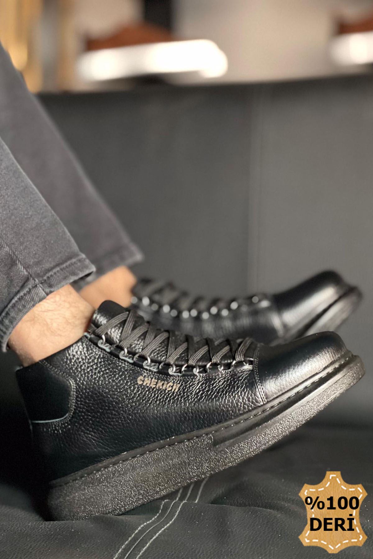 Bağcıklı Hakiki Deri Erkek Sneaker Bot Siyah - Görsel 4