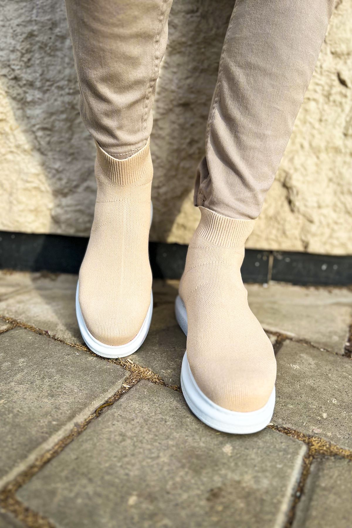 Düz Triko Erkek Sneaker Bot Krem - Görsel 2