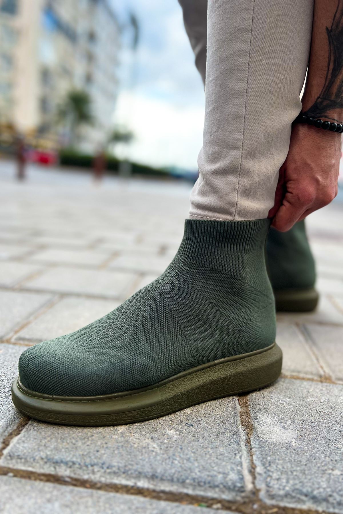 Düz Triko Erkek Sneaker Bot Haki - Görsel 2