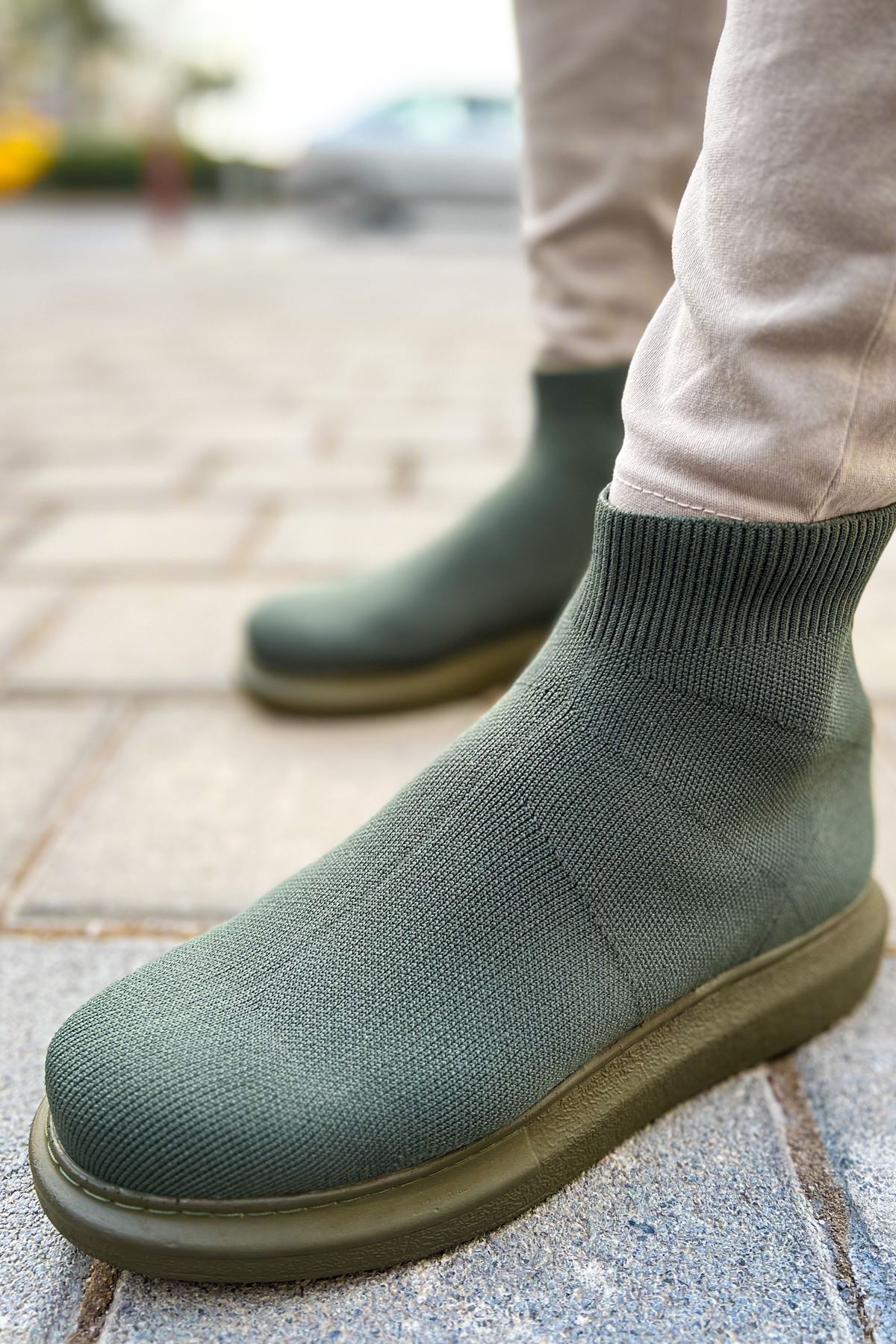 Düz Triko Erkek Sneaker Bot Haki - Görsel 3