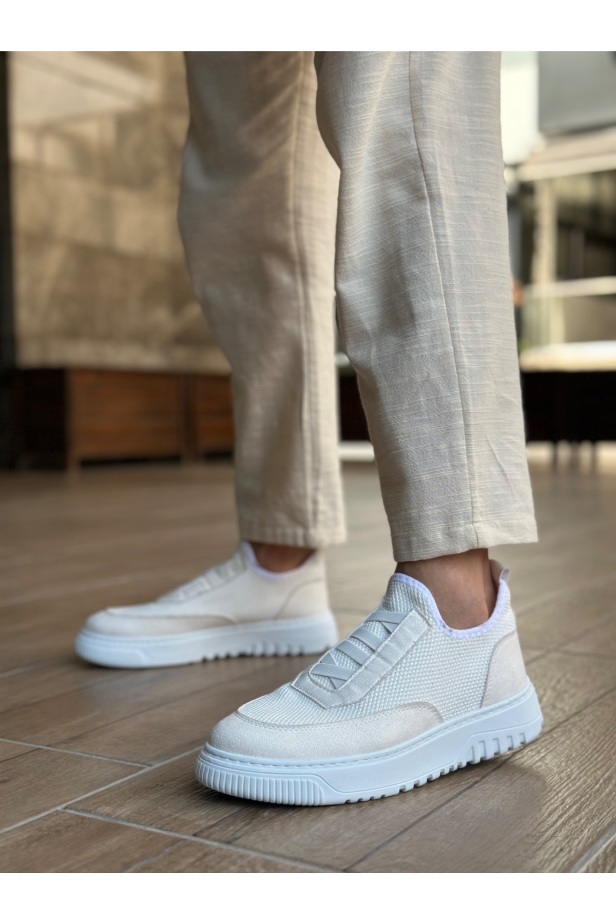 Bağcıksız Lastik Detaylı Triko Erkek Hi Sneaker BEYAZ (BEYAZ TABAN) - Görsel 2