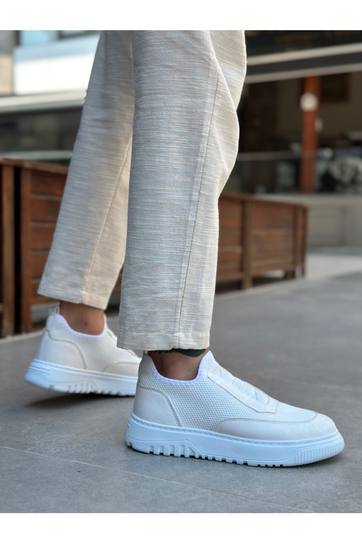 Bağcıksız Lastik Detaylı Triko Erkek Hi Sneaker BEYAZ (BEYAZ TABAN) - Görsel 3