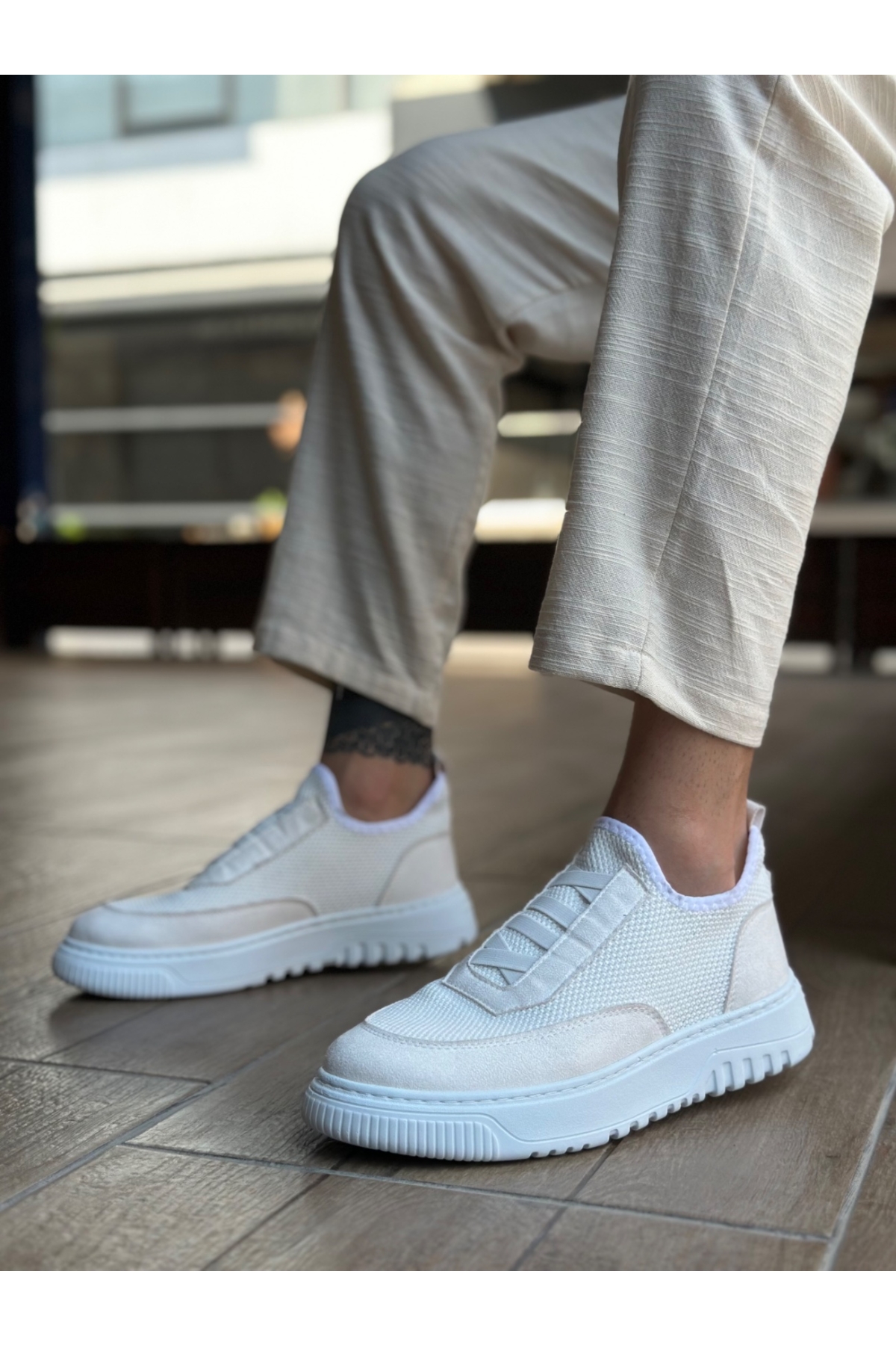 Bağcıksız Lastik Detaylı Triko Erkek Hi Sneaker BEYAZ (BEYAZ TABAN) - Görsel 4