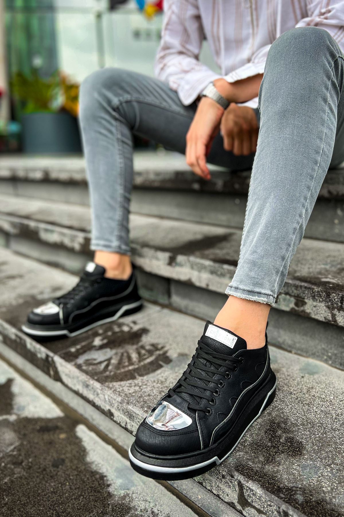 Bağcıklı Erkek Spor Ayakkabı Siyah Gümüş - Görsel 4