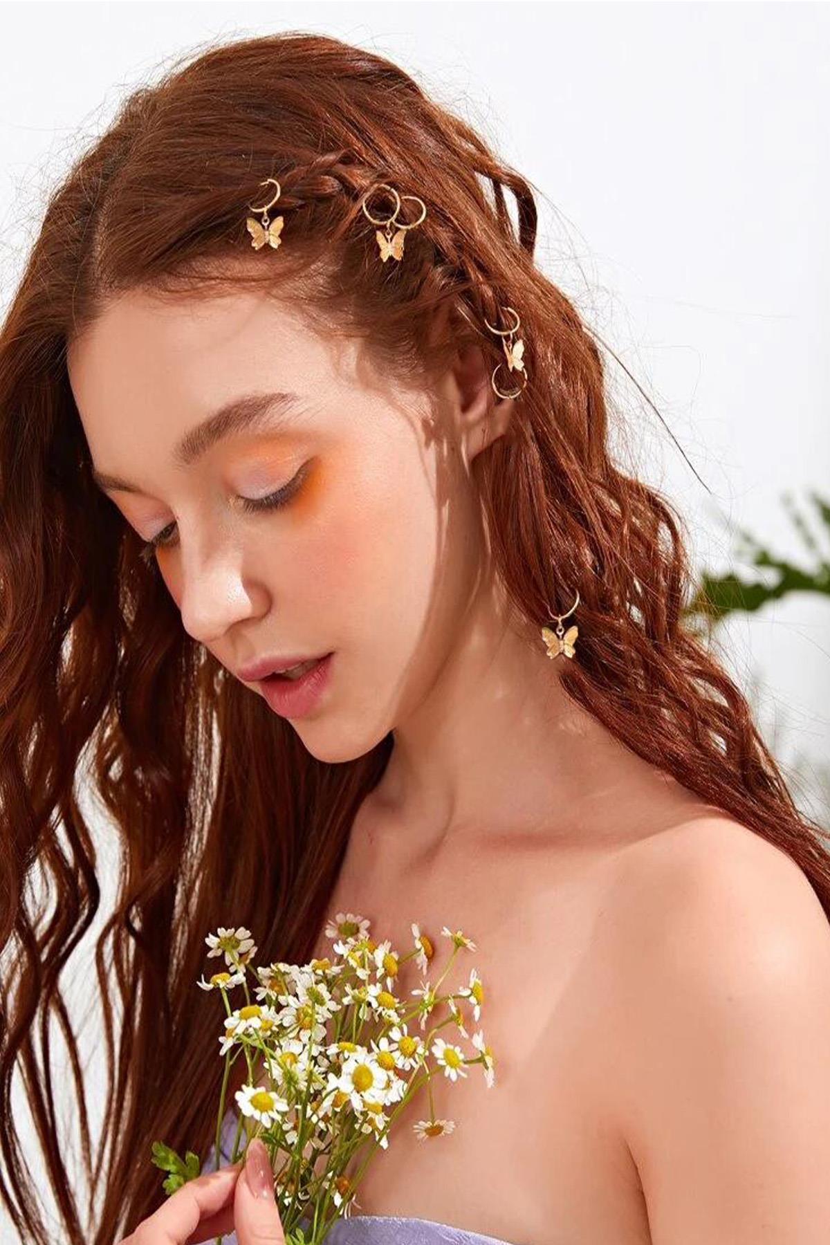 BAHELSGold Kelebek Saç Küpesi Toka Seti