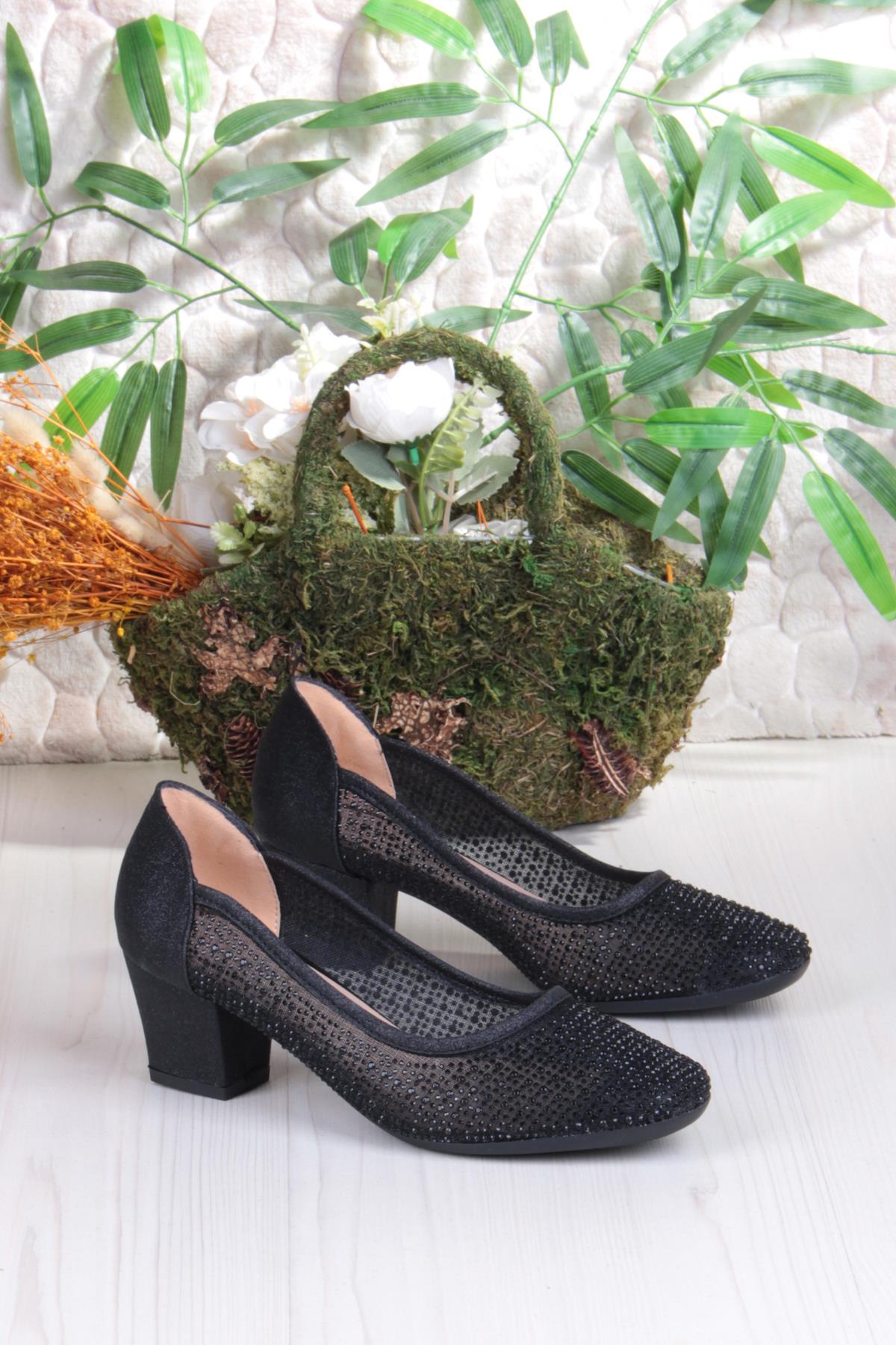 86005 Nur Dantel Taş Detaylı Alçak Topuklu Kadın Ayakkabı - Görsel 6