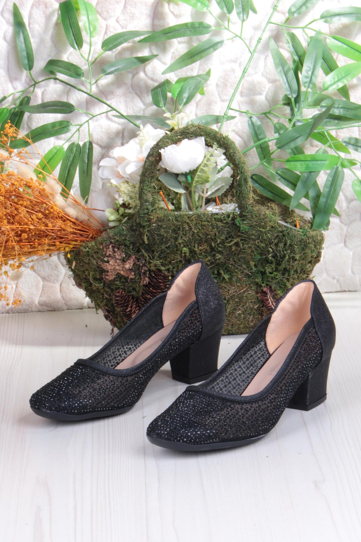 86005 Nur Dantel Taş Detaylı Alçak Topuklu Kadın Ayakkabı - Görsel 7