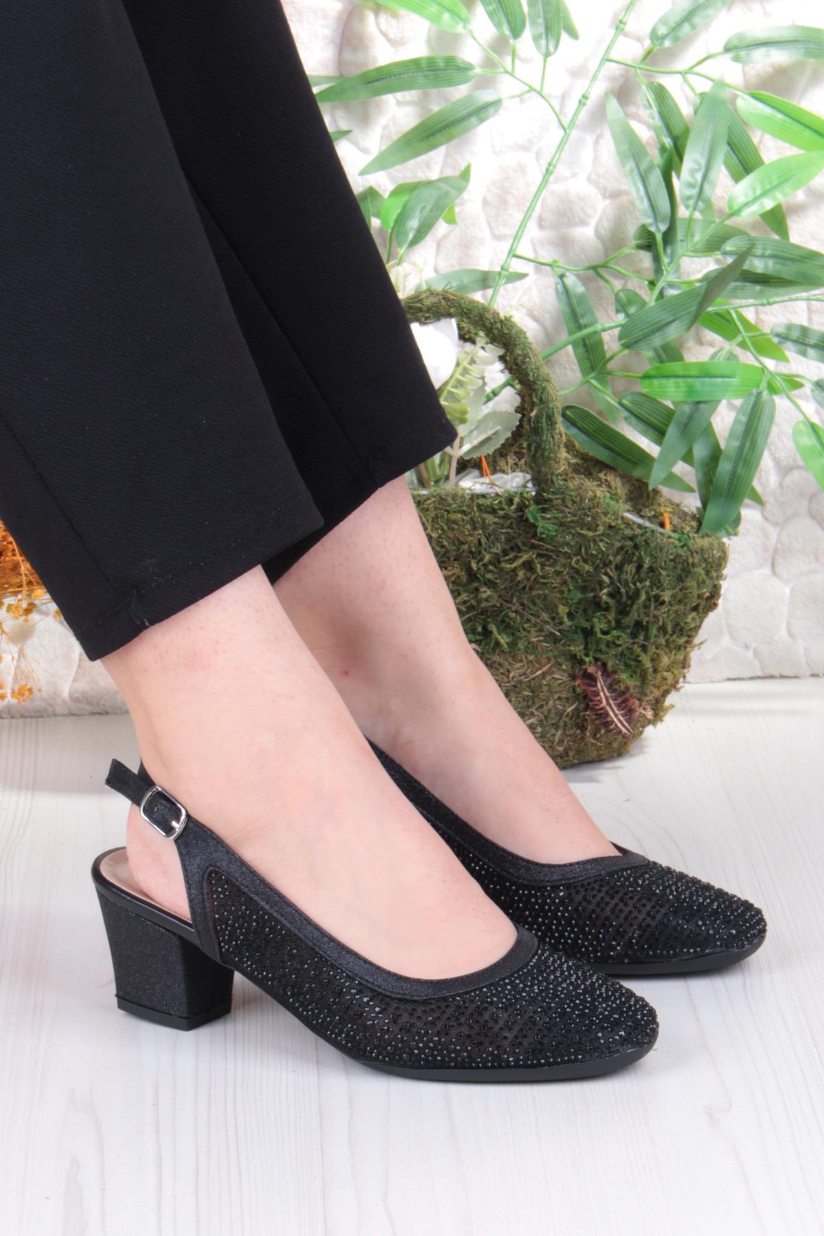 86004 Nur Dantel Taş Detaylı Arkası Açık Alçak Topuklu Kadın Ayakkabı - Görsel 2