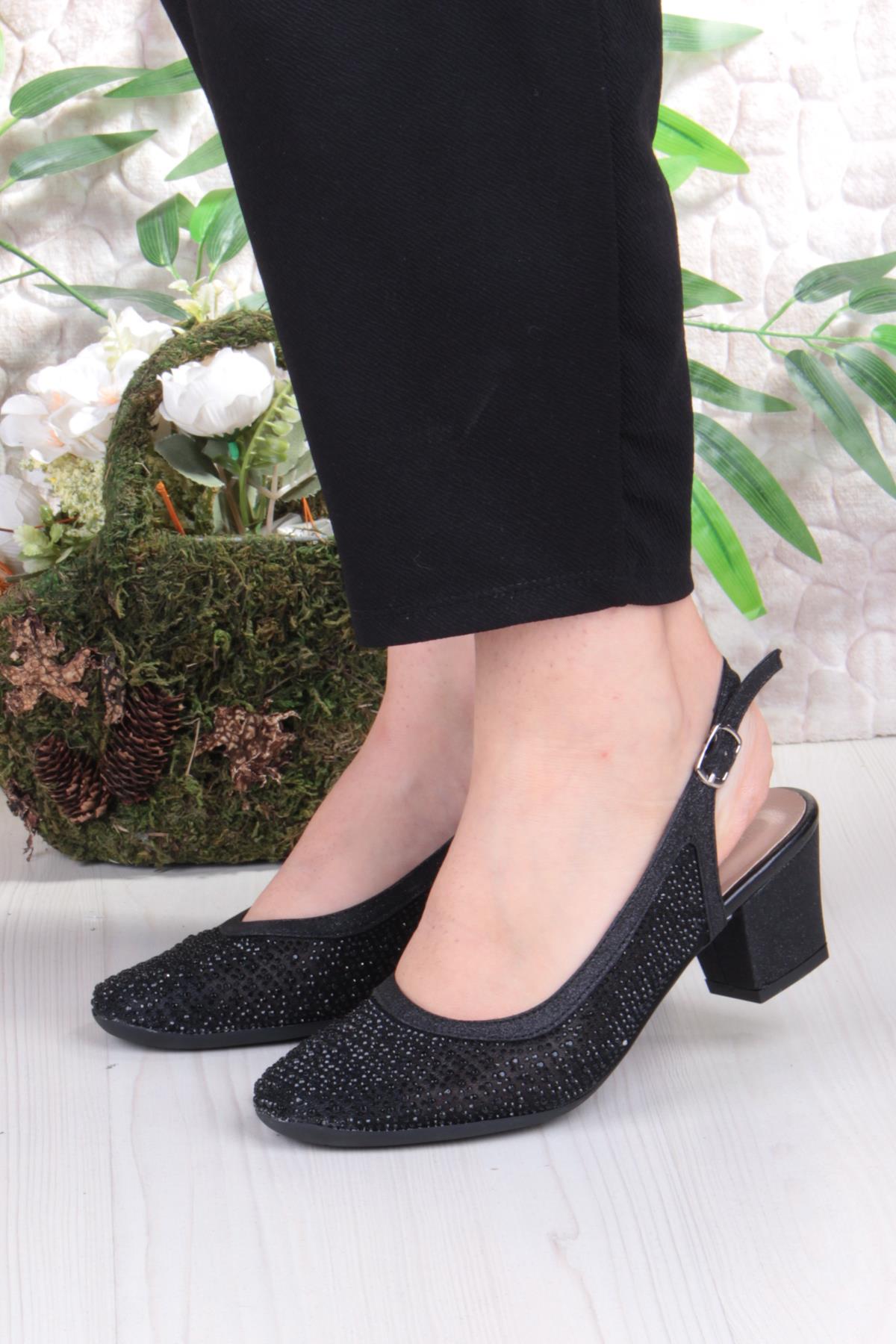 86004 Nur Dantel Taş Detaylı Arkası Açık Alçak Topuklu Kadın Ayakkabı - Görsel 3