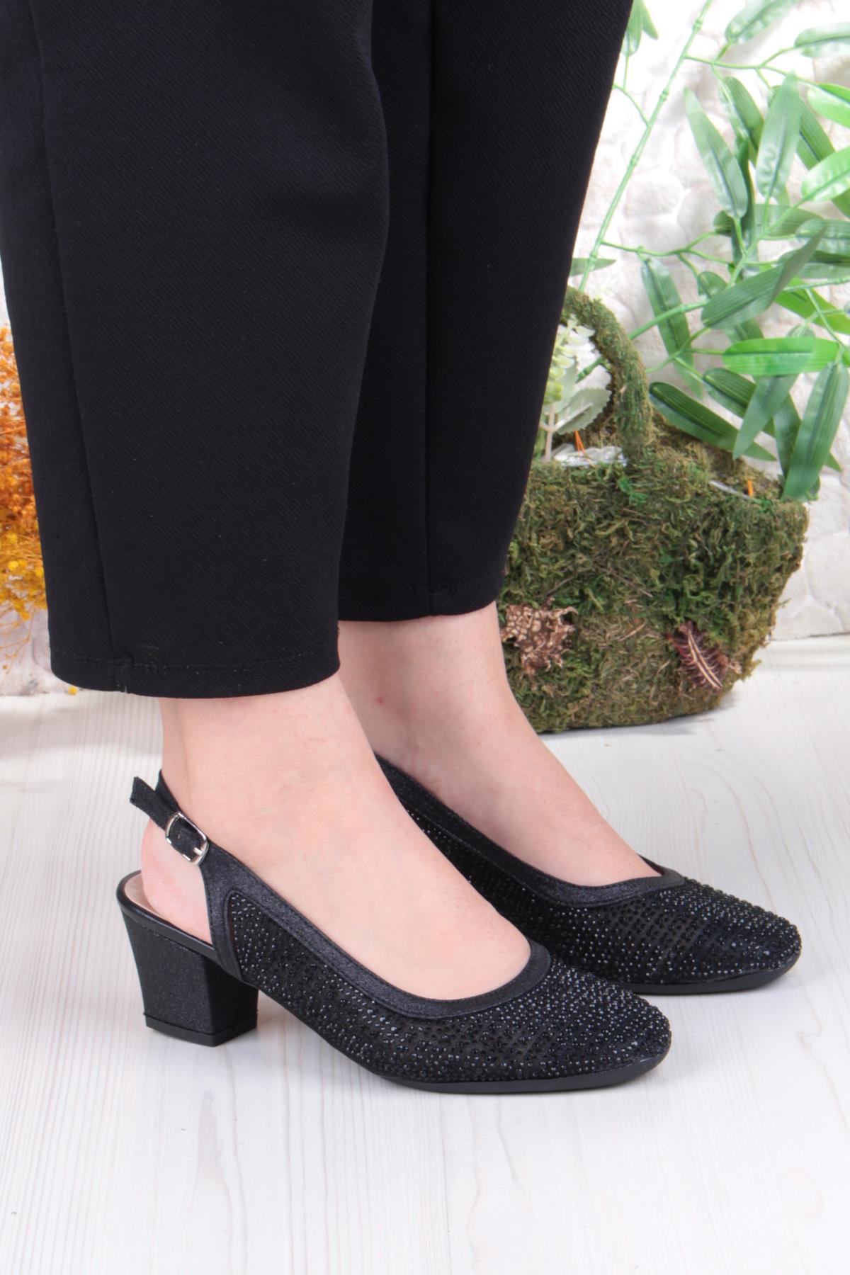 86004 Nur Dantel Taş Detaylı Arkası Açık Alçak Topuklu Kadın Ayakkabı - Görsel 4