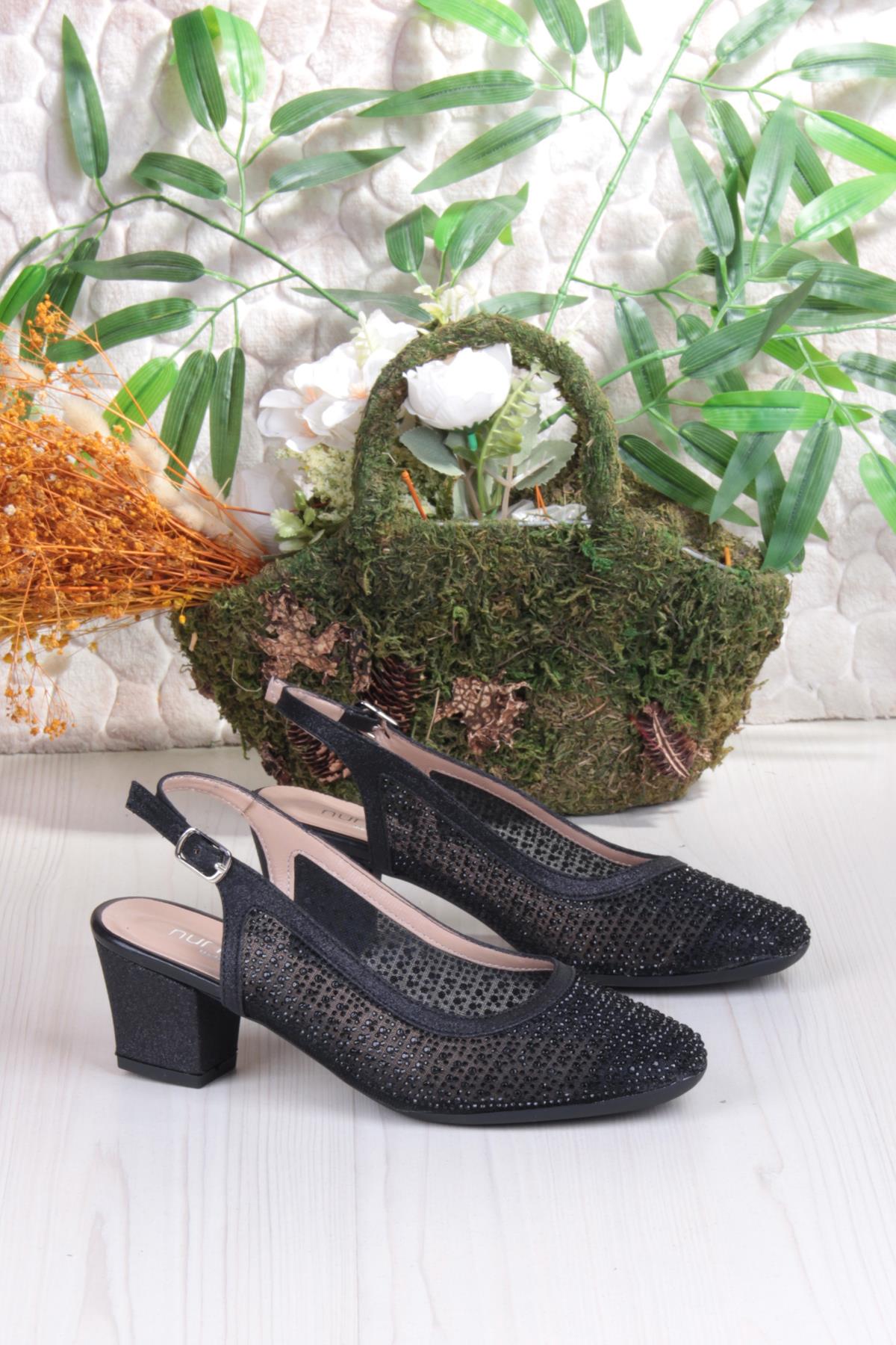 86004 Nur Dantel Taş Detaylı Arkası Açık Alçak Topuklu Kadın Ayakkabı - Görsel 6