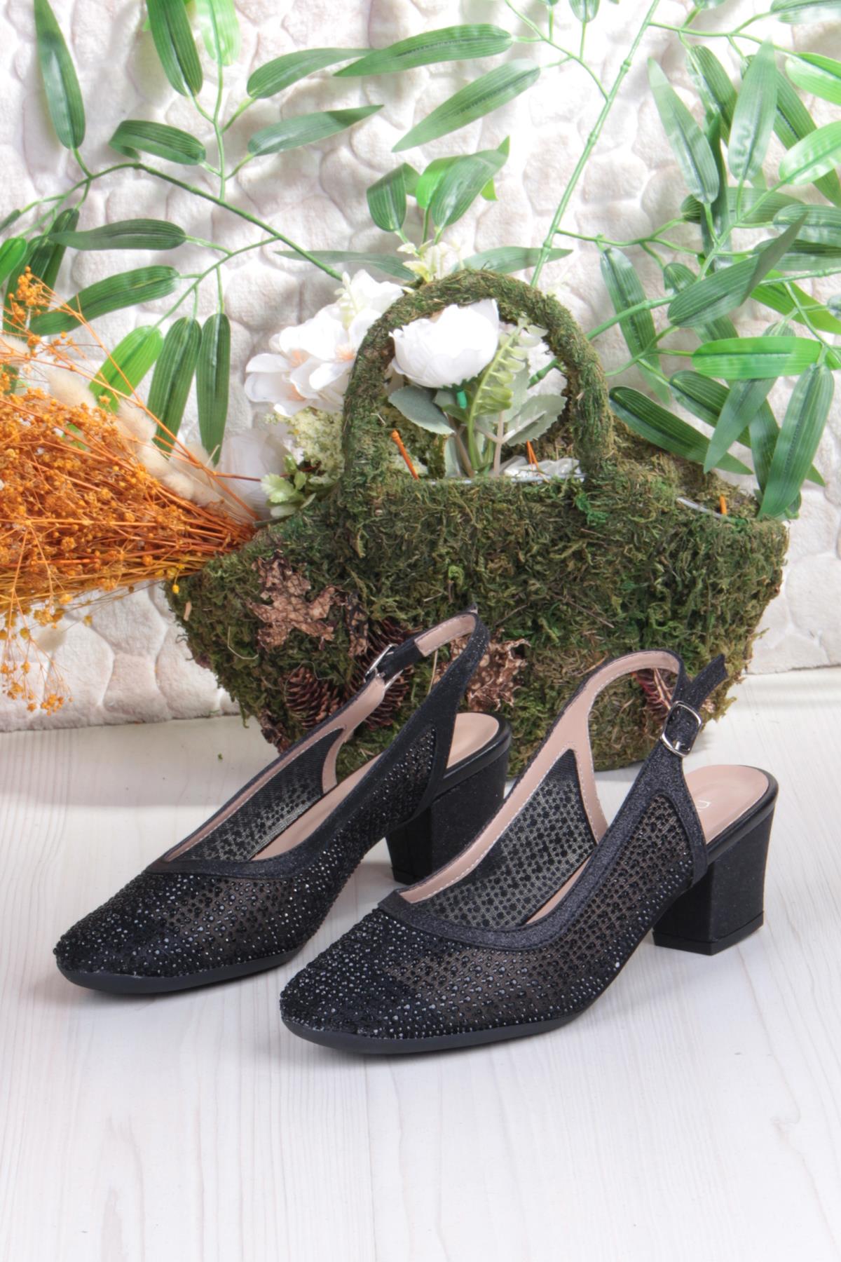 86004 Nur Dantel Taş Detaylı Arkası Açık Alçak Topuklu Kadın Ayakkabı - Görsel 7