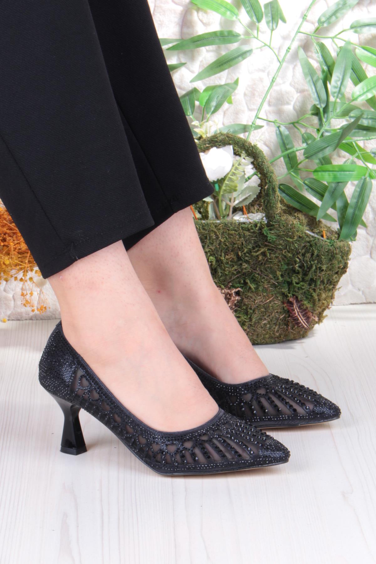 5309 Jena Dantelli Lazer Kesim Taşlı Detaylı Topuklu Kadın Ayakkabı - Görsel 2