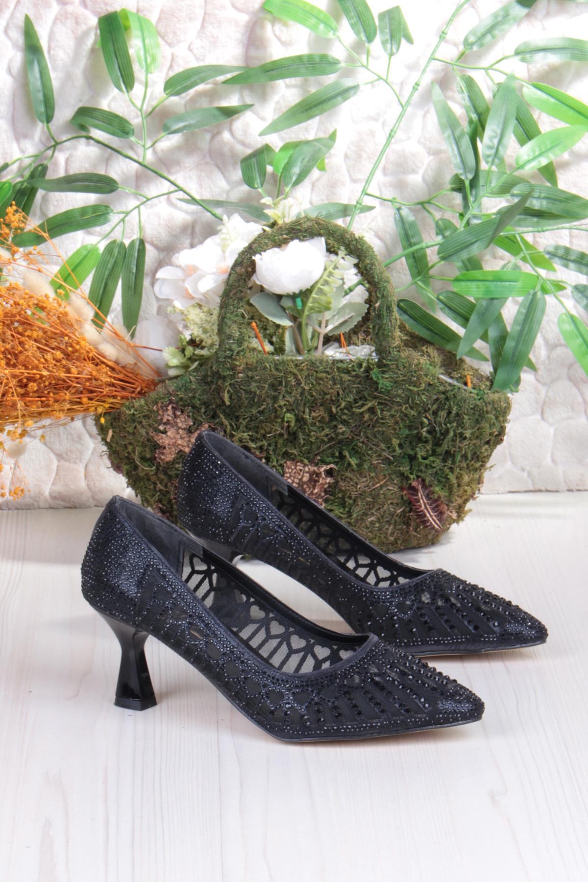 5309 Jena Dantelli Lazer Kesim Taşlı Detaylı Topuklu Kadın Ayakkabı - Görsel 6