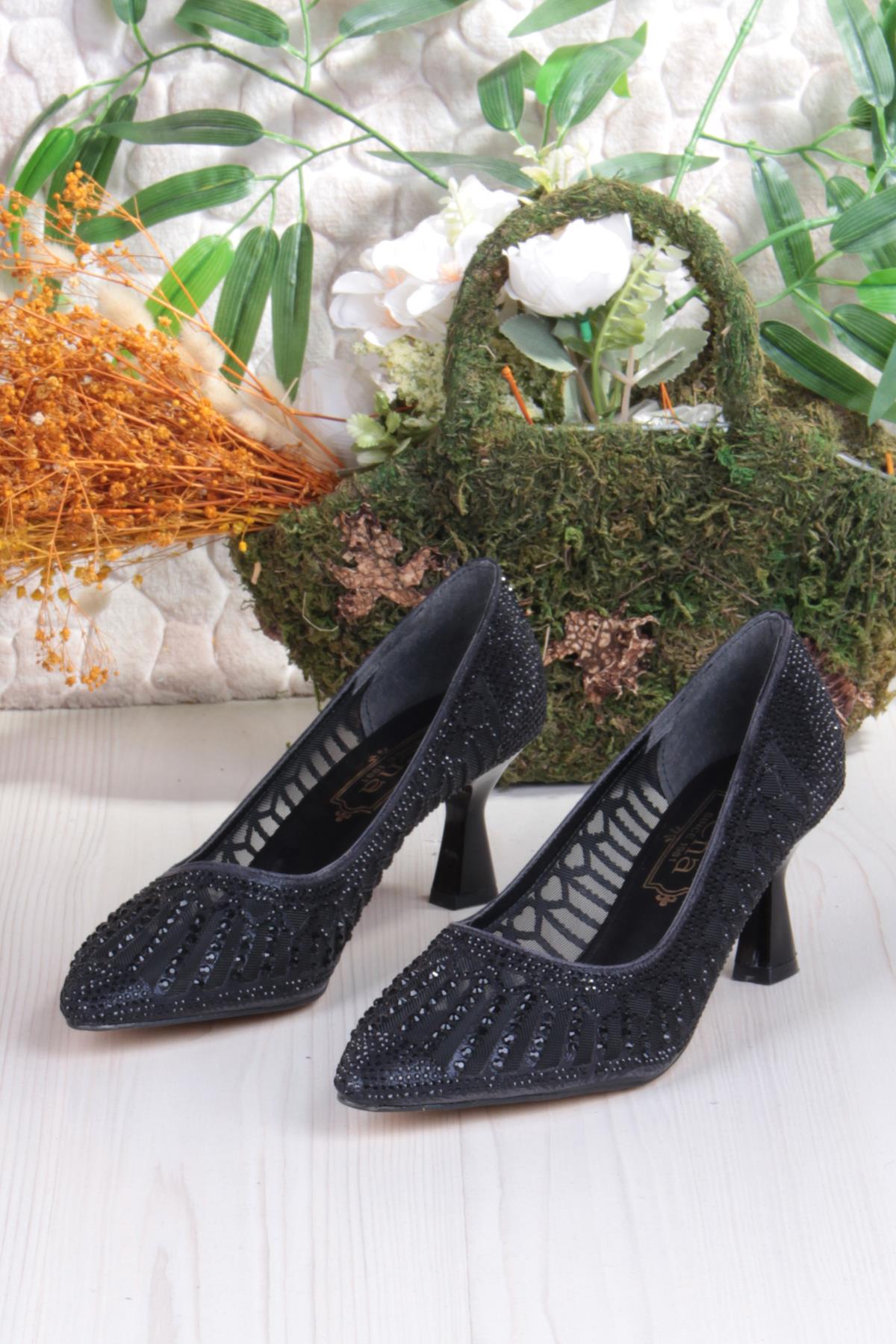 5309 Jena Dantelli Lazer Kesim Taşlı Detaylı Topuklu Kadın Ayakkabı - Görsel 7