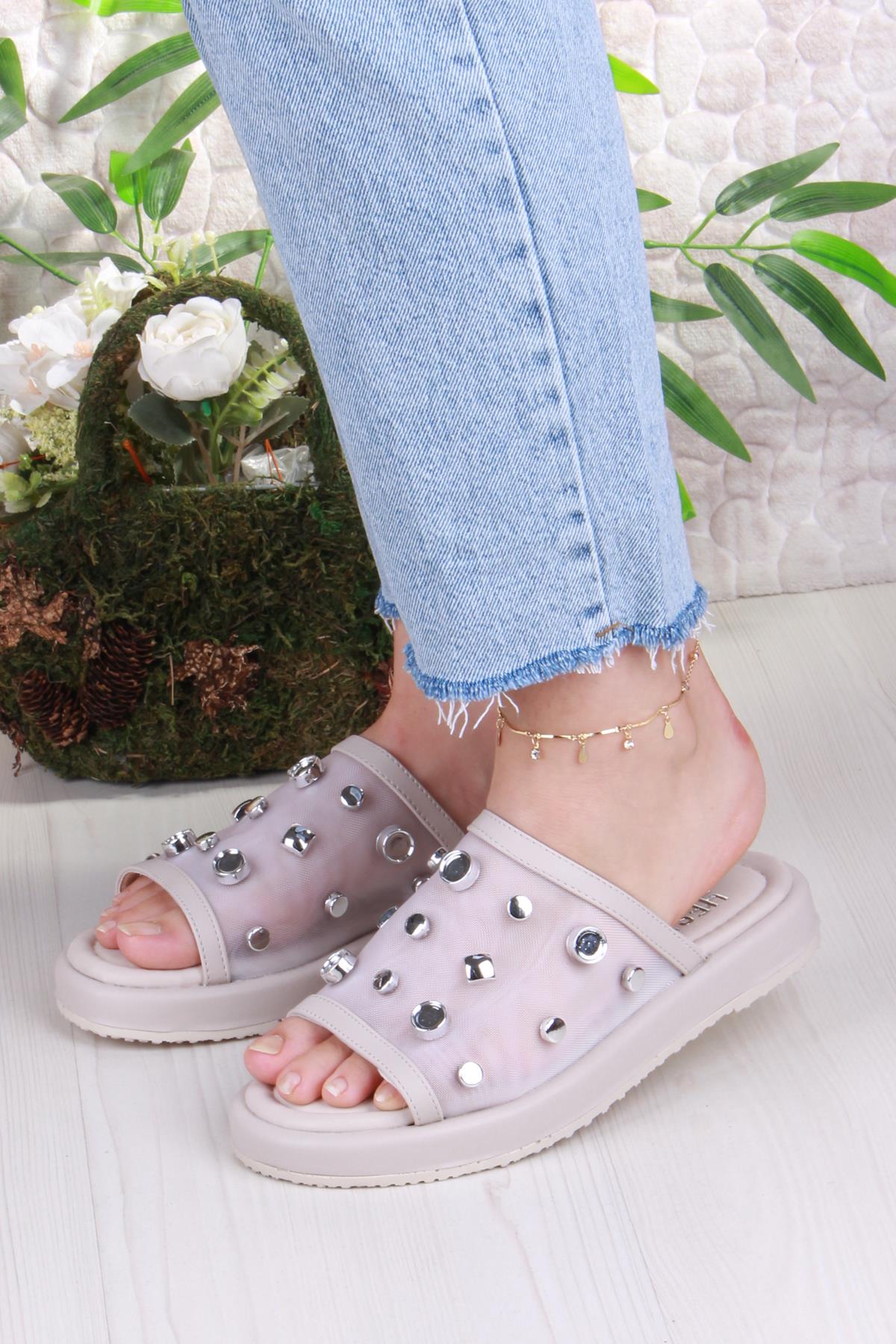 5054 Keçeli Tül Taş Detaylı Rahat Şık Kadın Terlik - Görsel 3